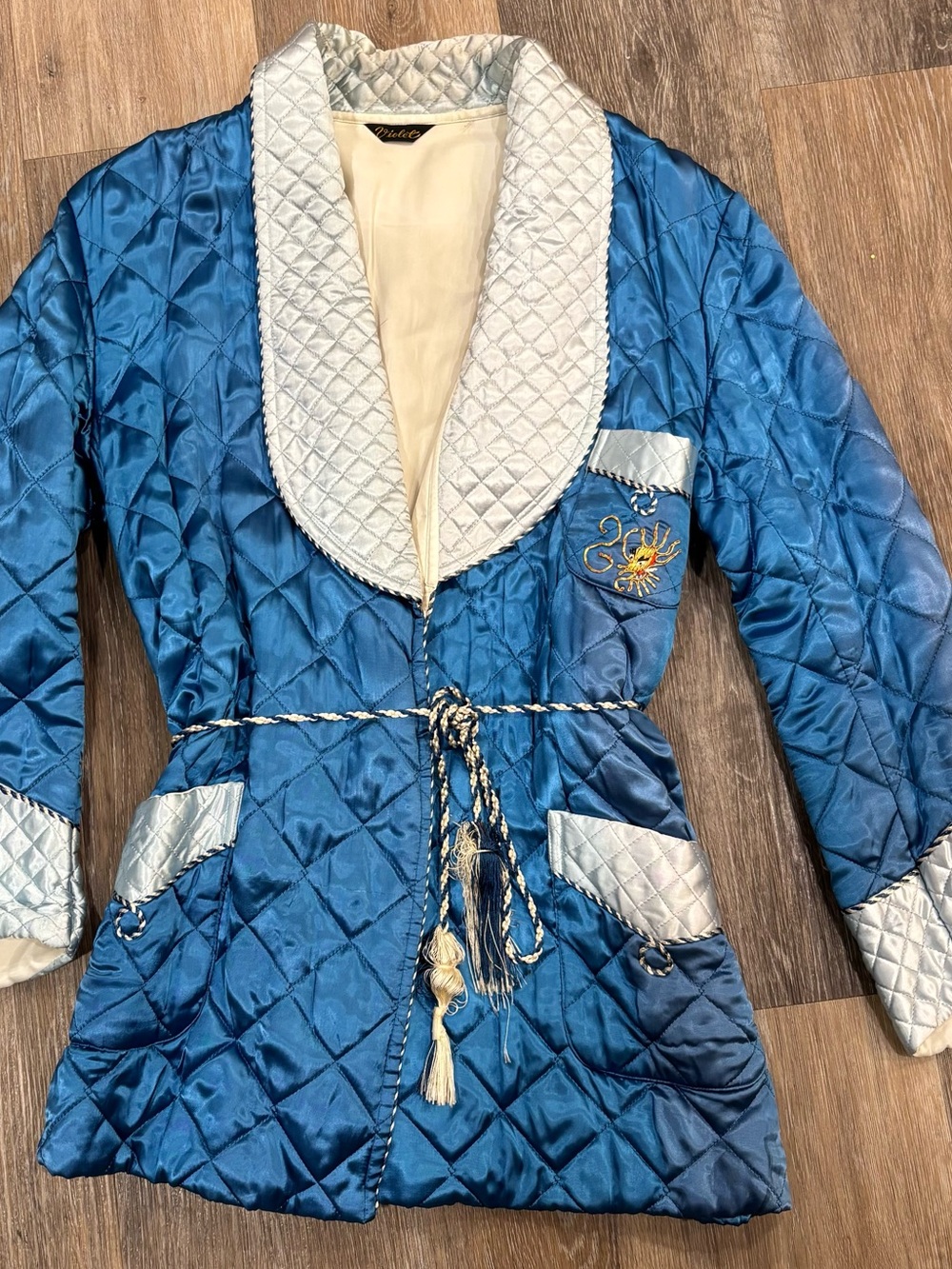 Vintage Smoking Jacket Quilted Blue Satin  WWII Japanese Souvenir